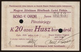 Győr/ Magyar Általános Hitelbank, 20 korona, 1919