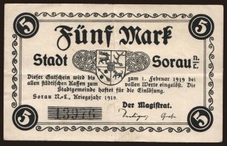 Sorau/ Stadt, 5 Mark, 1918