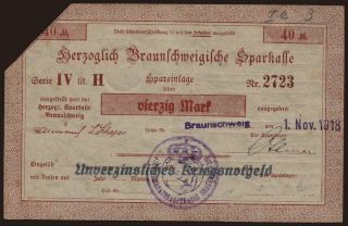 Braunschweig/ Herzoglich Braunschweigische Sparkasse, 40 Mark, 1918