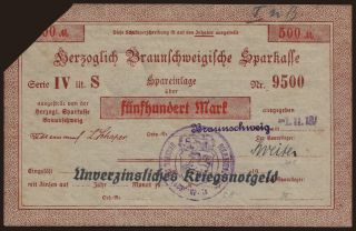 Braunschweig/ Herzoglich Braunschweigische Sparkasse, 500 Mark, 1918