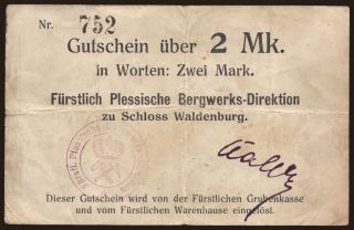 Waldenburg/ Fürstlich Plessische Bergwerks-Direktion, 2 Mark, 1914