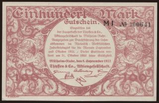 Mülheim-Ruhr/ Thysse & Co, 100 Mark, 1922