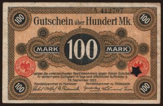 Hannover/ Handelskammer Hannover u. Hildesheim, 100 Mark, 1922