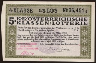 K.K. Österreichische Klassen-Lotterie, 1/8 Los, 1916