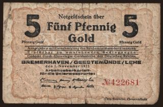 Bremerhaven/ Arbeitgeberkartell für die Unterweserorte, 5 Pfennig Gold, 1923