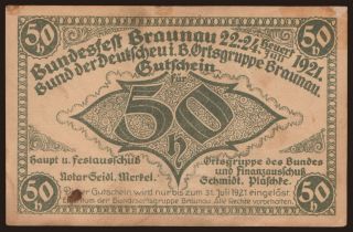 Braunau/ Bund der Deutschen, Bundesfest, 50 Heller, 1921