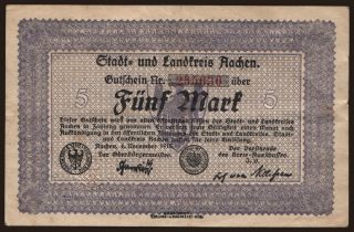 Aachen/ Stadt- und Landkreis, 5 Mark, 1918