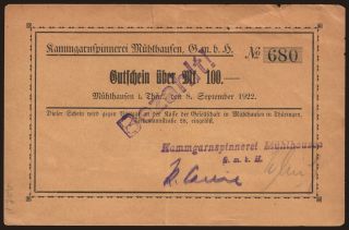 Mühlhausen/ Kammgarnspinnerei Mühlhausen, 100 Mark, 1922