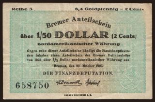Bremen/ Finanzdeputation, 1/50 Dollar, 1923