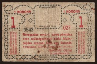 Beregszász, 1 korona, 1919