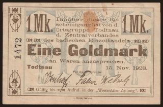 Todtnau/ Zentralverb. des Bad. Einzelhandels OG Todtnau, 1 Goldmark, 1923