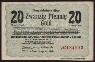 Bremerhaven/ Arbeitgeberkartell für die Unterweserorte, 20 Pfennig Gold, 1923