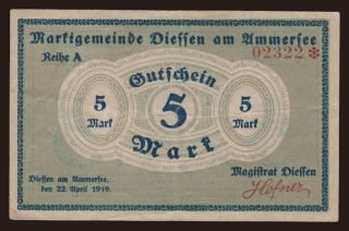 Diessen/ Marktgemeinde, 5 Mark, 1918