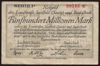 Saalfeld & Rudolstadt/ Landkreise, 500.000.000 Mark, 1923