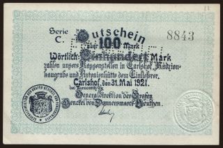 Carlshof/ Generaldir. d. Grafen v. Donnersmarck-Beuthen, 100 Mark, 1921