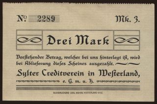 Westerland/ Sylter Creditverein, 3 Mark, 1920