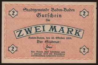Baden-Baden/ Stadt, 2 Mark, 1918