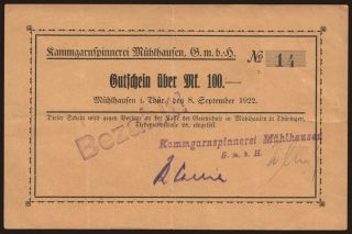 Mühlhausen/ Kammgarnspinnerei Mühlhausen G.m.b.H., 100 Mark, 1922