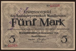 Maulbron/ Amtskörperschaft, 5 Mark, 1918