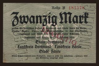 Dortmund/ Städte und Kreise, 20 Mark, 1918