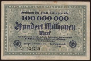 Solingen/ Stadt, 100.000.000 Mark, 1923