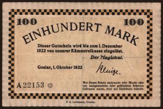 Goslar/ Stadt, 100 Mark, 1922