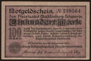 Schwerin/ Mecklenburg-Schwerinsches Staatsministerium, 100 Mark, 1922