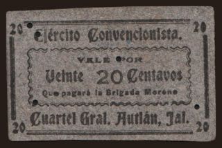 Ejercito Convencionista, Cuartel Gral. Autlan, 20 centavos, 191?