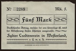 Westerland/ Sylter Creditverein, 5 Mark, 1920