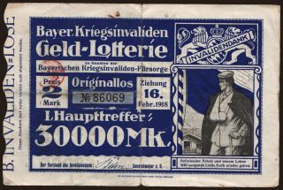 Bayerischen Kriegsinvaliden Geld-Lotterie, 2 Mark, 1918