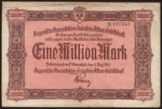 Schwandorf/ Bayerische Braunkohlen-Industrie A.G., 1.000.000 Mark, 1923