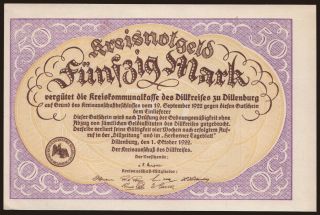Dillenburg/ Kreisausschuss des Dillkreises, 50 Mark, 1922