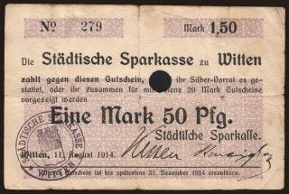 Witten/ Städtische Sparkasse, 1 Mark 50 Pfennig, 1914