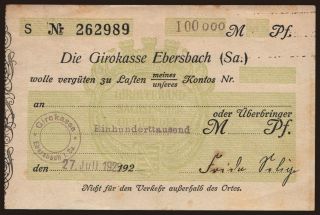 Ebersbach/ Gemeinde Girokasse, 100.000 Mark, 1923
