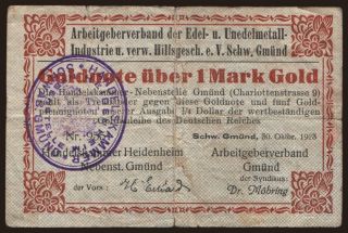 Schwäbisch Gmünd/ Arbeitgeberverb. der Edel- u. Unedelmetallindustrie, 1 Mark Gold, 1923
