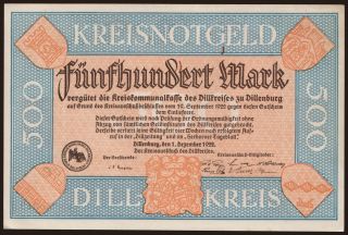 Dillenburg/ Kreisausschuss des Dillkreises, 500 Mark, 1922