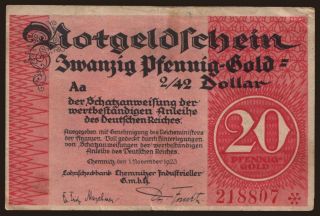 Chemnitz/ Lohnscheckbank Chemnitzer Industrieller, 20 Pfennig Gold, 1923