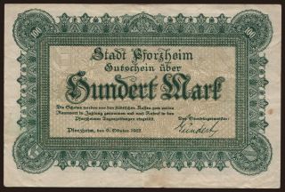 Pforzheim/ Stadt, 100 Mark, 1922