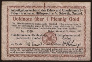 Schwäbisch Gmünd/ Arbeitgeberverb. der Edel- u. Unedelmetallindustrie, 1 Pfennig Gold, 1923