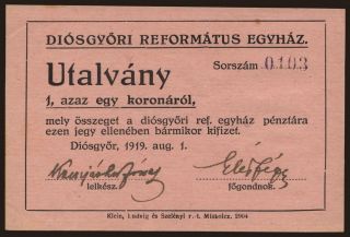 Diósgyőr/ Diósgyőri Református Egyház, 1 korona, 1919