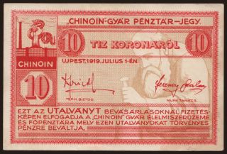 Újpest/ Chinoin-gyár, 10 korona, 1919