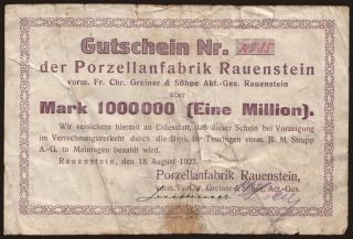 Rauenstein/ Porzellanfabrik, 1.000.000 Mark, 1923