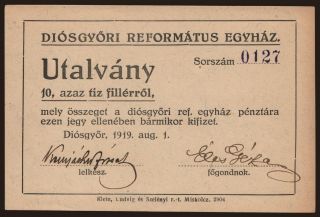 Diósgyőr/ Diósgyőri Református Egyház, 10 fillér, 1919
