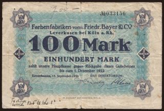 Leverkusen/ Farbenfabriken vorm. Friedr. Bayer & Co., 100 Mark, 1922