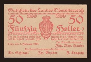 Oberösterreich, 50 heller, 1.2.1921