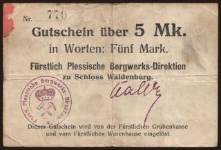Waldenburg/ Fürstlich Plessische Bergwerks-Direktion, 5 Mark, 1914
