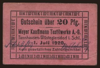 Tannhausen-Wüstegiersdorf/ Meyer Kauffmann Textilwerke A.G., 20 Pfennig, 1920