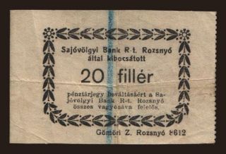 Rozsnyó/ Rožňava Sajóvölgyi Bank R-T., 20 fillér, 1919