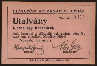 Diósgyőr/ Diósgyőri Református Egyház, 1 korona, 1919