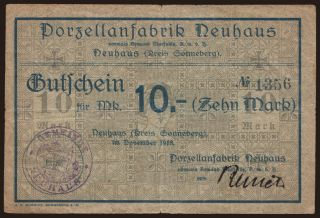 Neuhaus/ Porzellanfabrik Neuhaus, 10 Mark, 1918